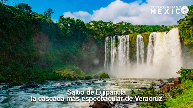 Una gran cascada que cae con fuerza dividida en varios chorros de agua hacia un rio rodeado de densa vegetación verde y selva