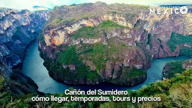 Vista panorámica desde el mirador Los Chiapa con el giro del rio Grijalva y las paredes rocosas del Cañón del Sumidero