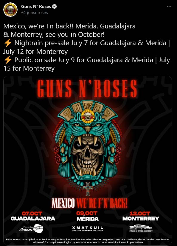 Guns N’Roses anunció tres conciertos en México