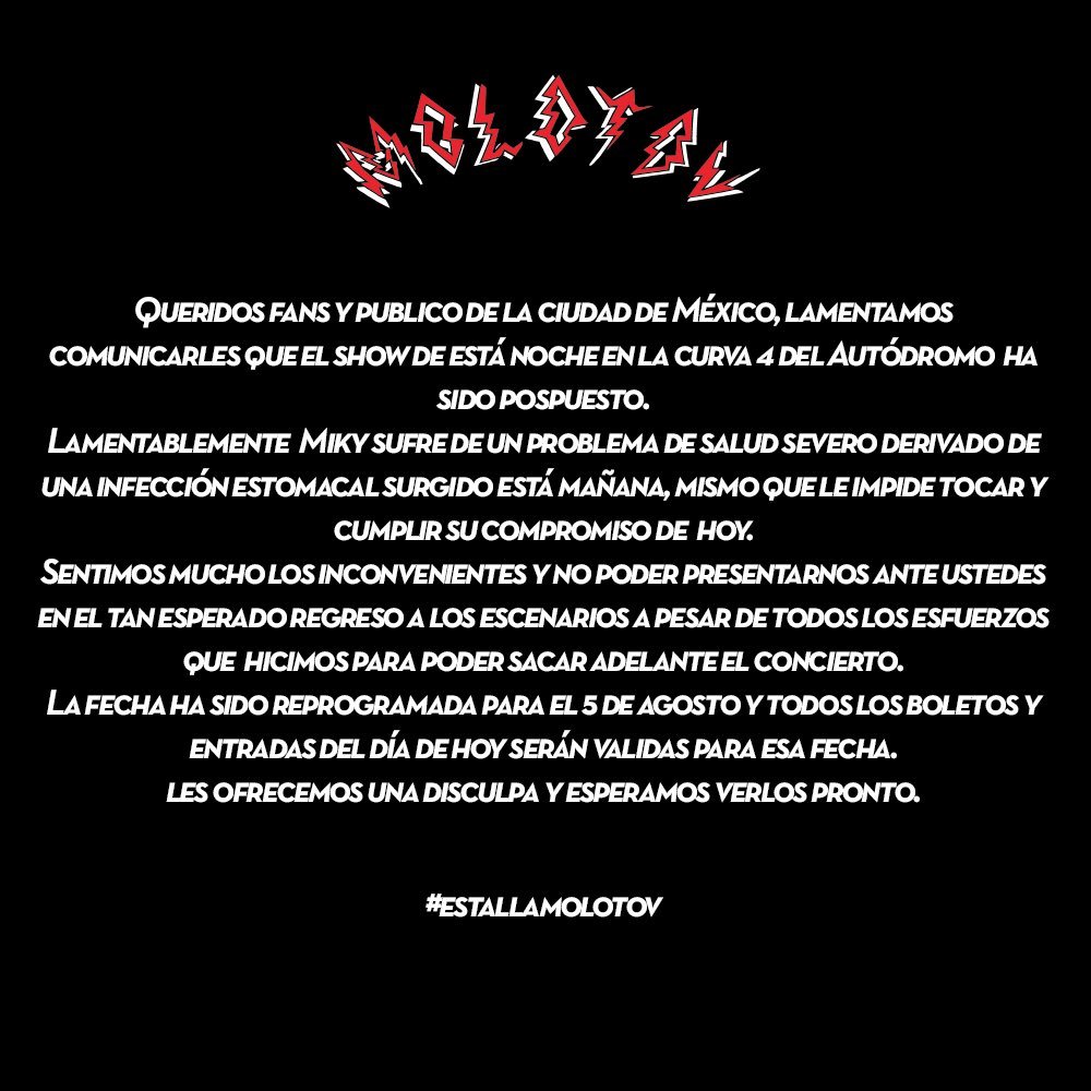 Molotov CANCELA su concierto en la CDMX por enfermedad de Miky