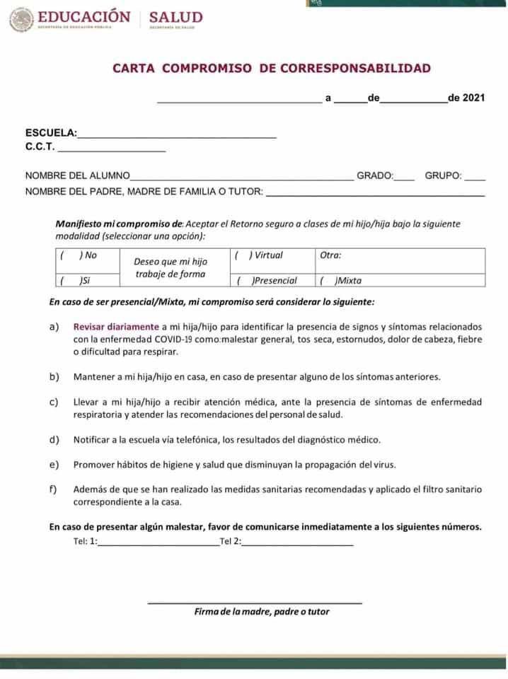 Así es la carta de compromiso que deben firmar los padres para regreso el clases