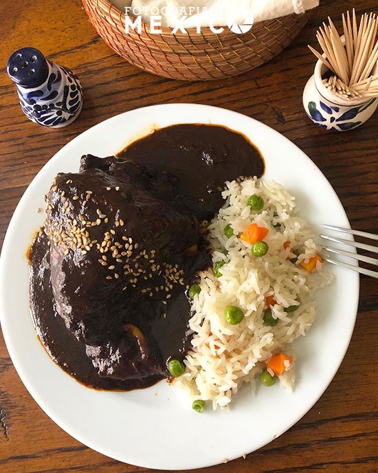 Plato de mole oaxaqueño, que es una salsa elaborada con chiles, especias, frutos secos, semillas, chocolate y otros ingredientes, que se sirve con carne, arroz, tortillas y frijoles.