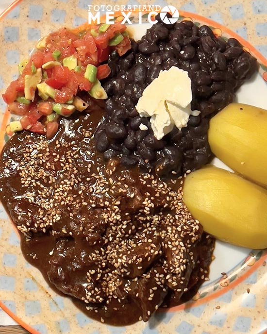 Plato de mole poblano con pollo y arroz, platillo típico de Puebla