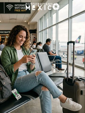 Turista extranjero usando mapas digitales en el aeropuerto de la Ciudad de México