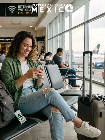 Turista extranjero usando mapas digitales en el aeropuerto de la Ciudad de México
