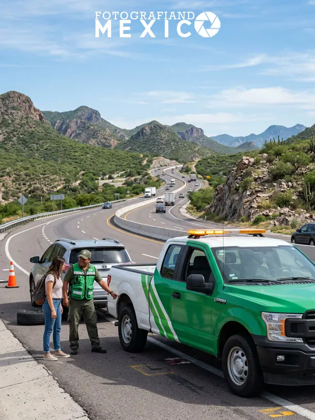 Unidad de los Ángeles Verdes brindando asistencia mecánica en una carretera federal de México